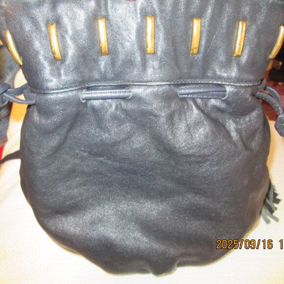 Navy Blue Leather Drawstring Crossbody Purse by Paris Handbags - Picture 1 of 6